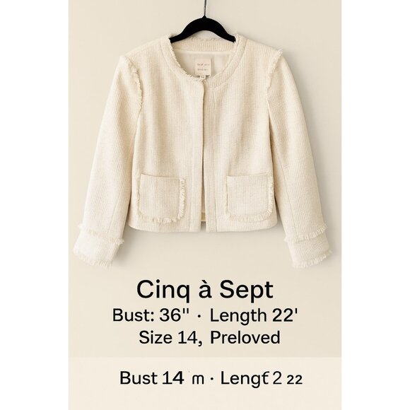 Cinq à Sept Tous Les Jours Keegan Ivory Tweed Fringe Trim Jacket Size 14 Classic - Picture 2 of 11